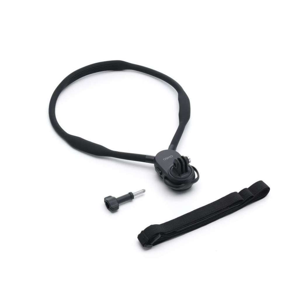 DJI Osmo Hanging Neck Mount Max – šikmý pohled na držák, hrudní popruh a upevňovací šroub