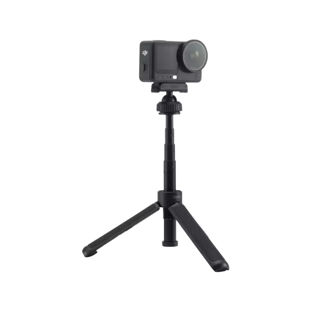 DJI Osmo Action Dual-Direction Mini Extension Rod – rozložený mini stativ s kamerou, přední pohled