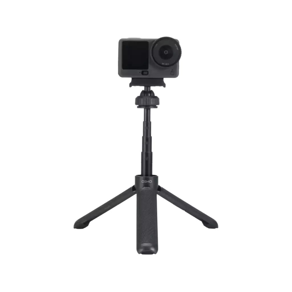 DJI Osmo Action Dual-Direction Mini Extension Rod – rozložený stativ s kamerou, boční pohled