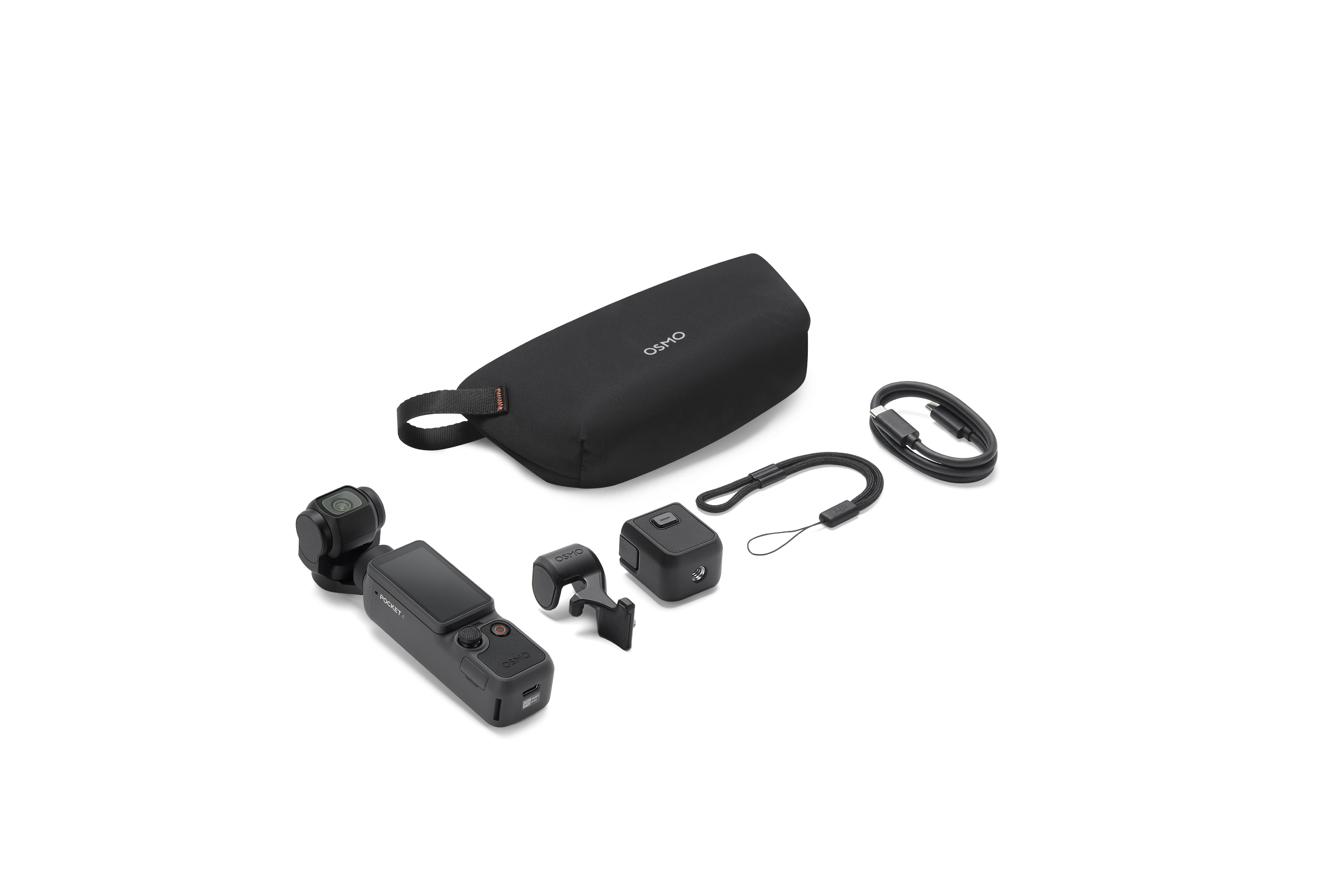 DJI Osmo Pocket 4 Standard Combo – obsah balení, šikmý pohled
