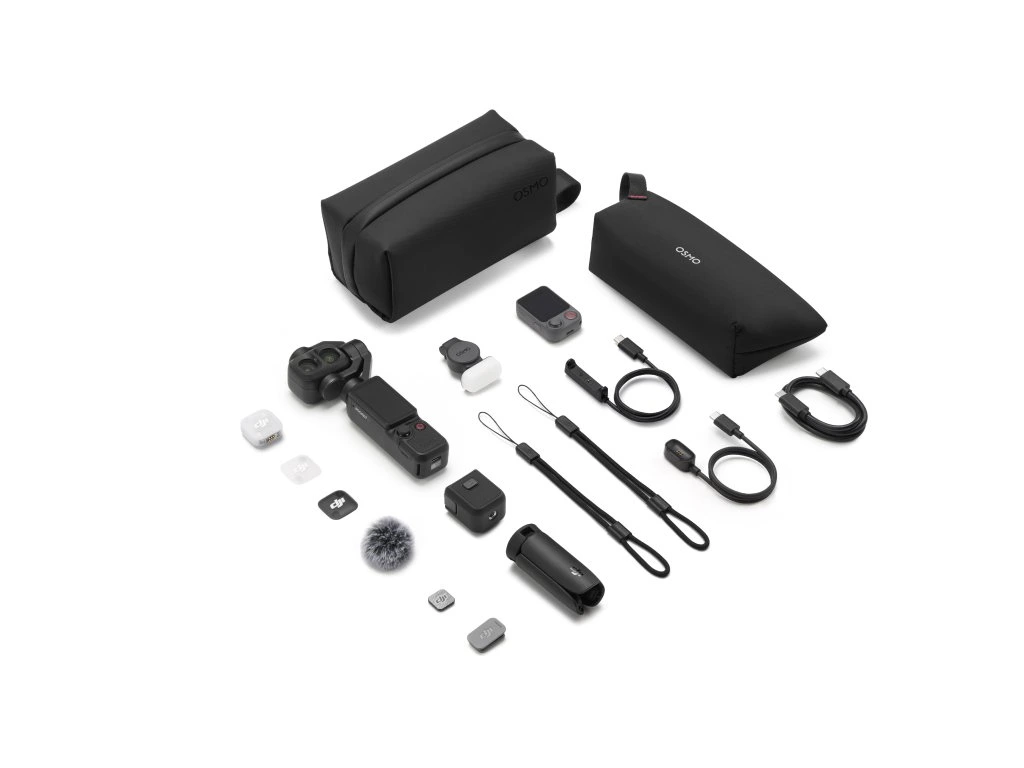 DJI Osmo Pocket 4P Vlog Combo – obsah balení, šikmý pohled