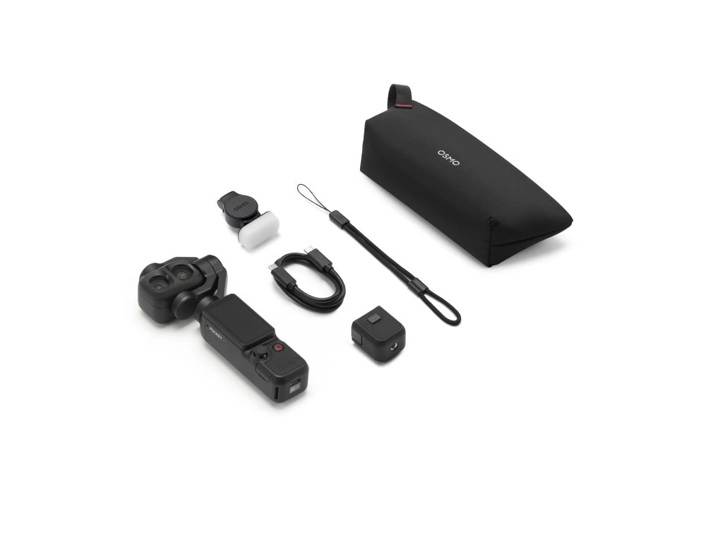 DJI Osmo Pocket 4P Standard Combo – obsah balení, šikmý pohled